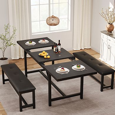 3-Pcs Dining Set for 4-6People, 63" Extendable Kitchen Table with 2 Soft Benches for Small Spaces