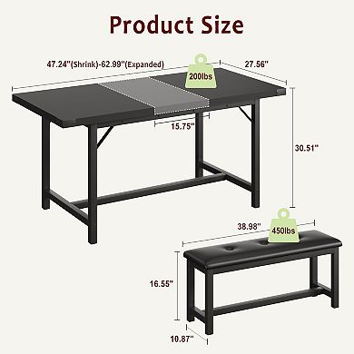 3-Pcs Dining Set for 4-6People, 63" Extendable Kitchen Table with 2 Soft Benches for Small Spaces
