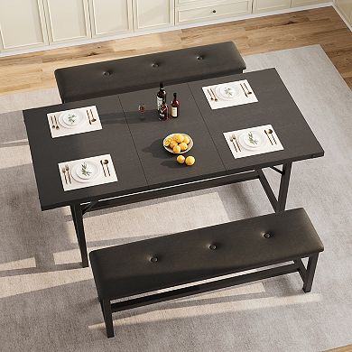 3-Pcs Dining Set for 4-6People, 63" Extendable Kitchen Table with 2 Soft Benches for Small Spaces