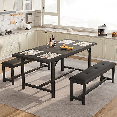 3-Pcs Dining Set for 4-6People, 63" Extendable Kitchen Table with 2 Soft Benches for Small Spaces