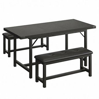 3 pc Dining Set for 4-6People, 63" Extendable Kitchen Table with 2 Soft Benches for Small Spaces
