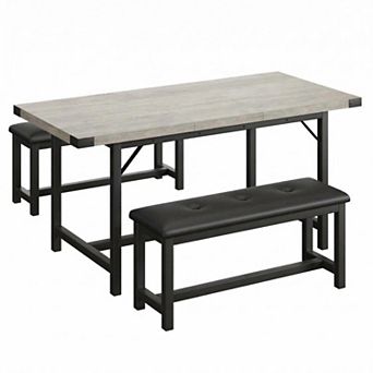 3 pc Dining Set for 4-6People, 63" Extendable Kitchen Table with 2 Soft Benches for Small Spaces