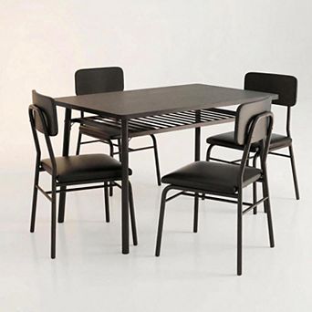 5 pc Dining Table Set for 4 with Storage Bench - Upholstered PU Chairs, Kitchen Table