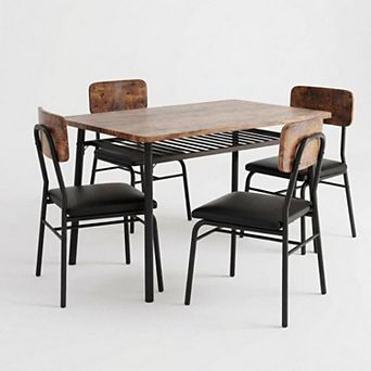 5 pc Dining Table Set for 4 with Storage Bench - Upholstered PU Chairs, Kitchen Table