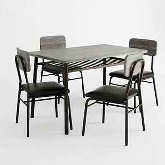 5 pc Dining Table Set for 4 with Storage Bench - Upholstered PU Chairs, Kitchen Table