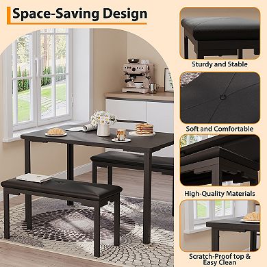 3-Piece Dining Table Set for 2 with Storage Bench - Upholstered PU Chairs, Kitchen Table
