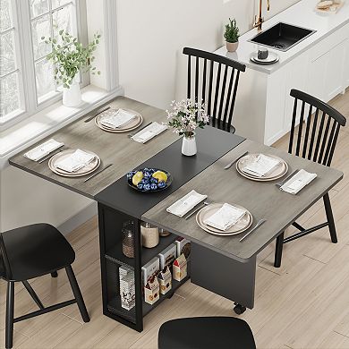 Folding Table, Drop Leaf Dining Table with 6 Wheels and 2-Layer Storage Shelf for Small Spaces