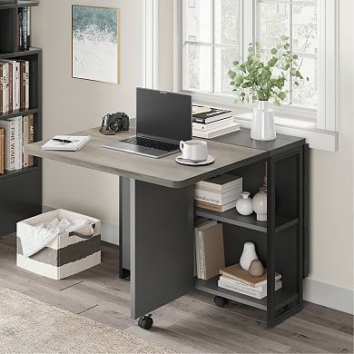 Folding Table, Drop Leaf Dining Table with 6 Wheels and 2-Layer Storage Shelf for Small Spaces