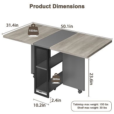 Folding Table, Drop Leaf Dining Table with 6 Wheels and 2-Layer Storage Shelf for Small Spaces