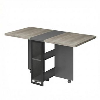 Folding Table, Drop Leaf Dining Table with 6 Wheels and 2-Layer Storage Shelf for Small Spaces
