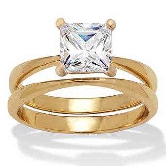 1.62 TCW Princess Cubic Zirconia Gold Ion-Plated Stainless Steel Bridal Ring Set