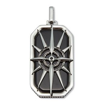 Men's Natural Black Onyx Antiqued Stainless Steel Dog Tag Pendant