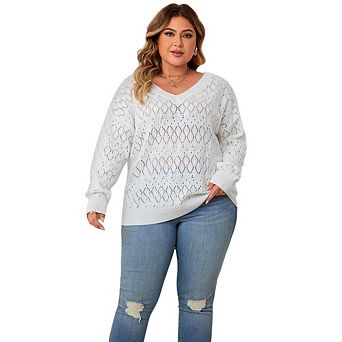 Womens Plus Lightweight V Neck Crochet Pullover Sweaters Casual Long Sleeve Shirt Top Fall Trendy