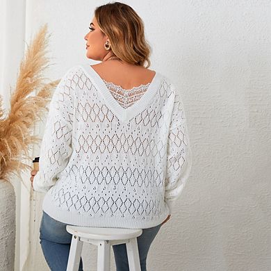 Womens Plus Lightweight V Neck Crochet Pullover Sweaters Casual Long Sleeve Shirt Top Fall Trendy