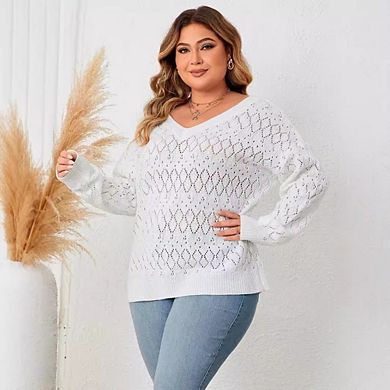 Womens Plus Lightweight V Neck Crochet Pullover Sweaters Casual Long Sleeve Shirt Top Fall Trendy