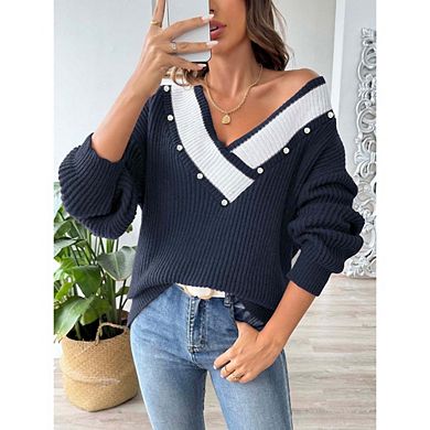Womens V Neck Sweaters Long Sleeve Off The Shoulder Colorblock Pullover Tops with Decorative Buttons