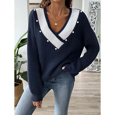 Womens V Neck Sweaters Long Sleeve Off The Shoulder Colorblock Pullover Tops with Decorative Buttons