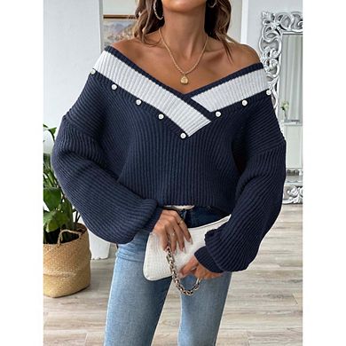 Womens V Neck Sweaters Long Sleeve Off The Shoulder Colorblock Pullover Tops with Decorative Buttons
