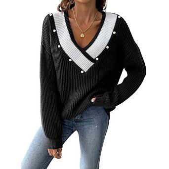 Womens V Neck Sweaters Long Sleeve Off The Shoulder Colorblock Pullover Tops with Decorative Buttons
