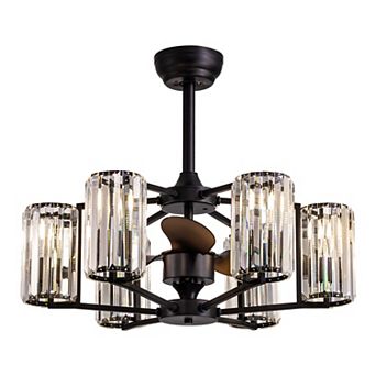 Moooni 27" Black Crystal Ceiling Fan with Lights, 6-Light Vintage Caged Fandelier, Remote Control
