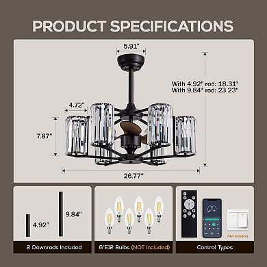 Moooni 27" Black Crystal Ceiling Fan with Lights, 6-Light Vintage Caged Fandelier, Remote Control