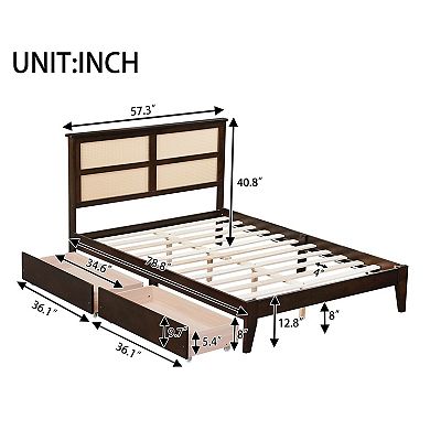 GOODSILO Full Size Storage Bed with Woven Headboard and Dual Underbed Drawers