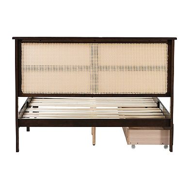 GOODSILO Full Size Storage Bed with Woven Headboard and Dual Underbed Drawers