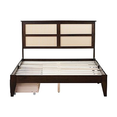 GOODSILO Full Size Storage Bed with Woven Headboard and Dual Underbed Drawers