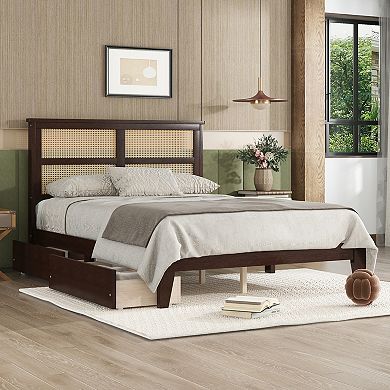 GOODSILO Full Size Storage Bed with Woven Headboard and Dual Underbed Drawers