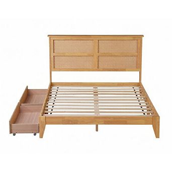 GOODSILO Full Size Storage Bed with Woven Headboard and Dual Underbed Drawers