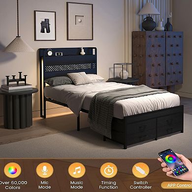 GOODSILO Twin Size Storage Bed Frame with Headboard and LED Lighting