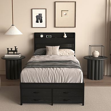 GOODSILO Twin Size Storage Bed Frame with Headboard and LED Lighting
