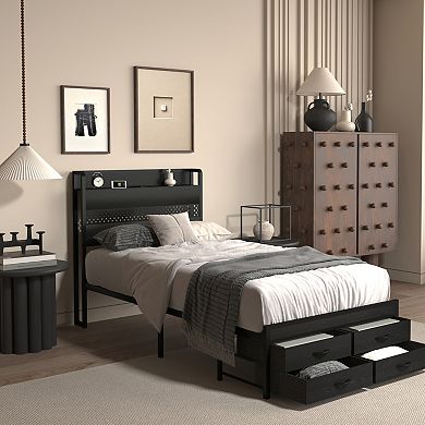 GOODSILO Twin Size Storage Bed Frame with Headboard and LED Lighting
