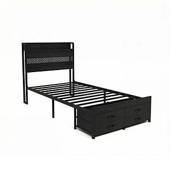 GOODSILO Twin Size Storage Bed Frame with Headboard and LED Lighting