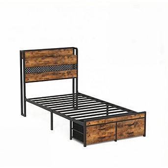 GOODSILO Twin Size Storage Bed Frame with Headboard and LED Lighting