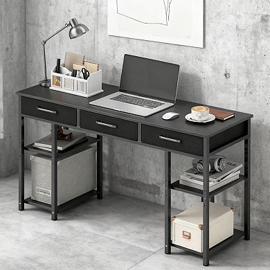 GOODSILO Compact Home Office Desk with Fabric Drawers and Adjustable Shelves