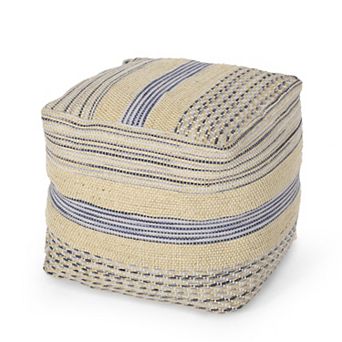 GOODSILO Handcrafted Square Fabric Pouf Ottoman with Natural Blue Finish