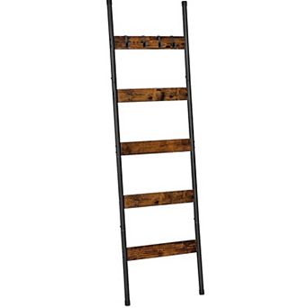 5 tier Towel Rack with Hooks, Wall-Leaning Blanket Rack, Decorative Display Ladder Shelf