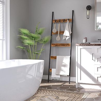 5-Tier Towel Rack with Hooks, Wall-Leaning Blanket Rack, Decorative Display Ladder Shelf