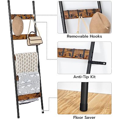 5-Tier Towel Rack with Hooks, Wall-Leaning Blanket Rack, Decorative Display Ladder Shelf