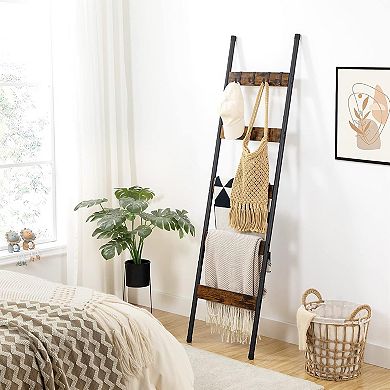 5-Tier Towel Rack with Hooks, Wall-Leaning Blanket Rack, Decorative Display Ladder Shelf