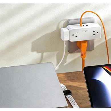Multi Plug Splitter (900J) - 4 Outlets + 1 USB A, 2 USB C - 3-Sided - Home/Office/Hotel/Dorm