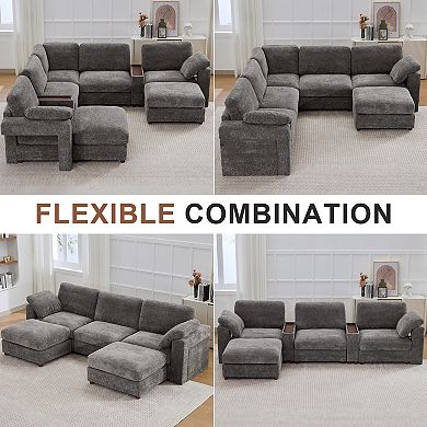 CEWOR Large L-Shaped Corner Sofa, Cloud Cushion Sectional w/ Pull-Out Table, for Family Rooms