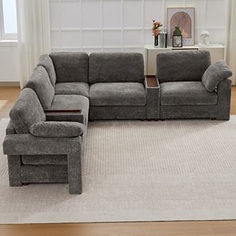 CEWOR Large L-Shaped Corner Sofa, Cloud Cushion Sectional w/ Pull-Out Table, for Family Rooms