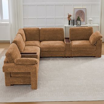 CEWOR Large L-Shaped Corner Sofa, Cloud Cushion Sectional w/ Pull-Out Table, for Family Rooms