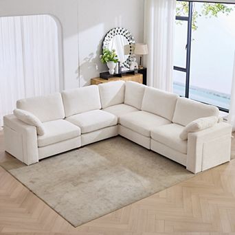 CEWOR Large L-Shaped Corner Sofa, Cloud Cushion Sectional w/ Pull-Out Table, for Family Rooms