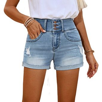 Womens Casual Denim Shorts High Waist Multi Button Distress Rip Roll Hem Summer Shorts with Pockets