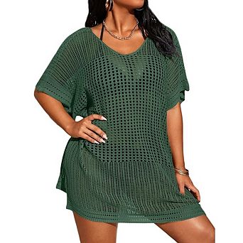 Womens Plus Suimsuit Cover Up Short Sleeve Hollow Out Swimwear Bathing Suit Knit Tunic Beach Dress