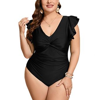 Women's Plus One-Piece Swimsuit Sleevesless V-Neck Ruched Waist Bathing Swim Suit for Beach Pool