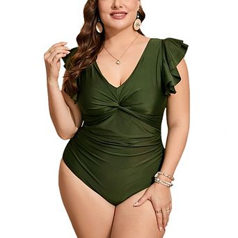 Women's Plus One-Piece Swimsuit Sleevesless V-Neck Ruched Waist Bathing Swim Suit for Beach Pool